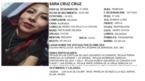 Ficha de búsqueda de Sara Cruz Cruz tras ser reportada como desaparecida en Atizapán, Estado de México.