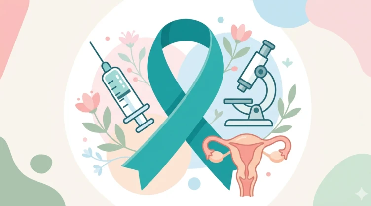 Ilustración digital editorial sobre la prevención del cáncer cervicouterino, estilo moderno y amigable, con un listón color teal en el centro, acompañado de elementos médicos como una jeringa, un microscopio y un útero estilizado en tonos suaves.