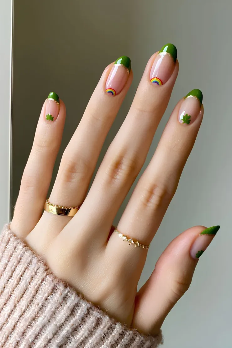Uñas francesas con dibujo de arcoiris por el Día de San Patricio