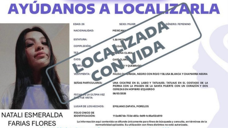 Localizan con vida a Natali Esmeralda Farías Flores.