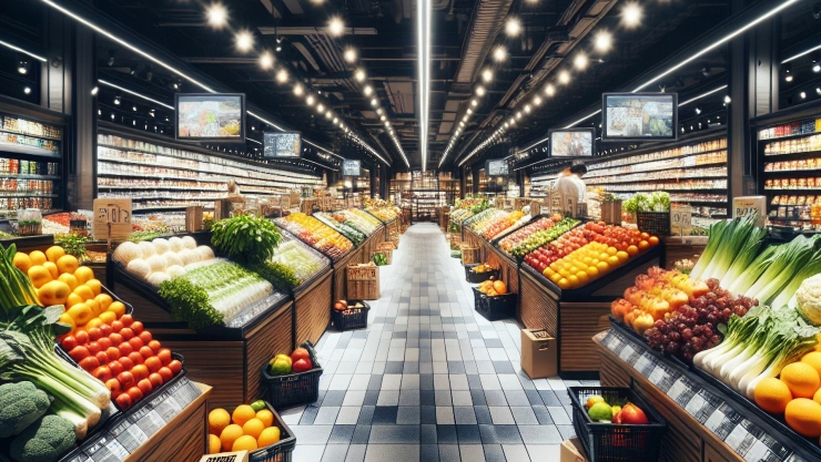 Un pasillo de supermercado con frutas y verduras.