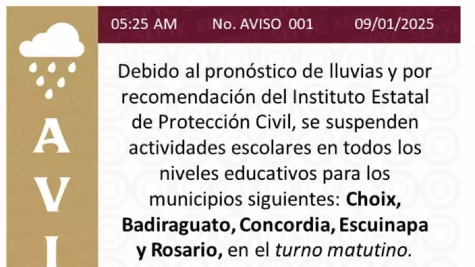 Suspenden clases en Sinaloa por lluvias