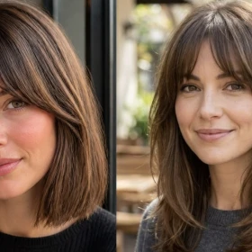 ideas de cortes Bob Medio con flequillo para rejuvenecer el rostro después de los 40 y disimular las patas de gallo