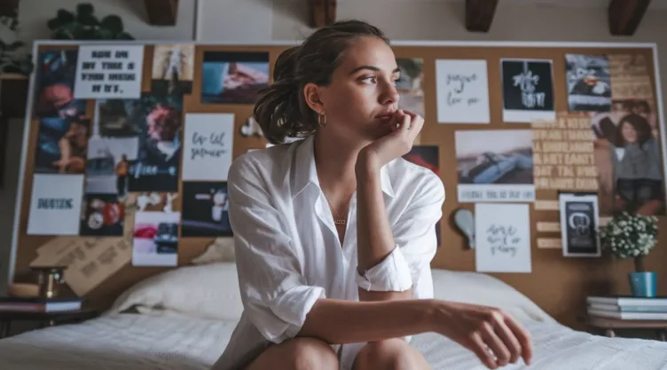Una foto de una mujer joven sentada en su cama, sumida en sus pensamientos. En el fondo se ve un vision board