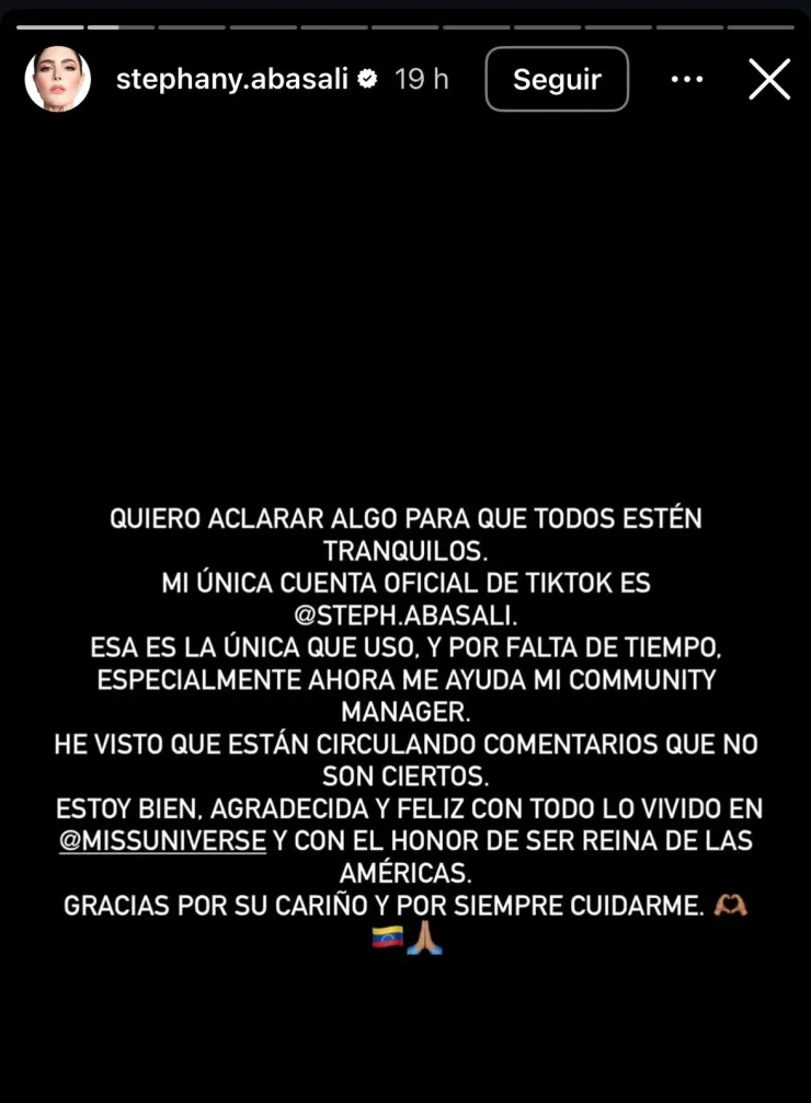 Comunicado de Stephany Abasali vía redes sociales