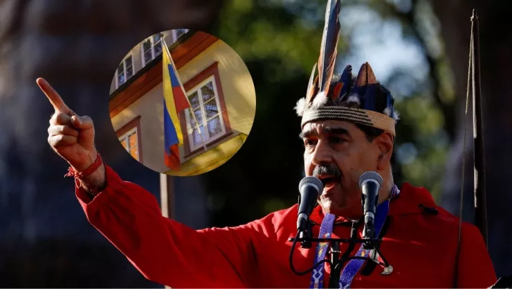 Foto de Nicolás Maduro y fachada de la embajada de Venezuela en Noruega.