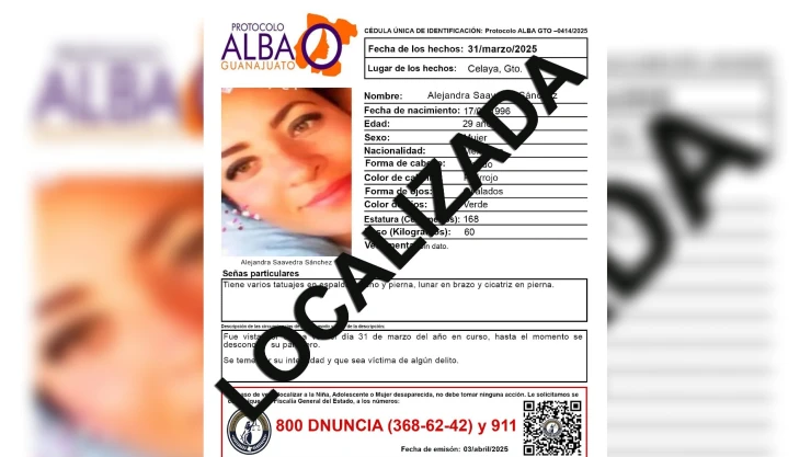 Alejandra Saavedra desapareció en Celaya el 31 de marzo; tres días después es localizada sin vida