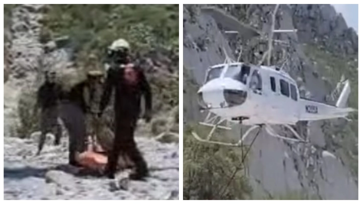 Fatal caída de más de 30 metros_ Muere joven senderista en la montaña Santa Catarina, Nuevo León. En la imagen se observa cómo rescatistas de Protección Civil de Nuevo León realizan un operativo para sacar el cuerpo de la víctima en la zona montañosa de NL.