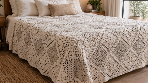 Diseño geométrico minimalista para cubresábanas de crochet