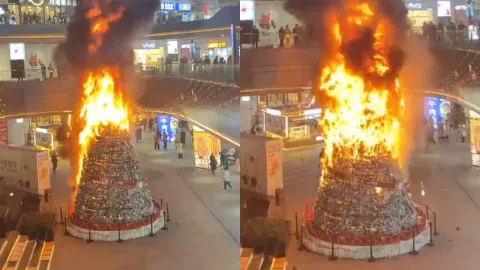 VIDEO | Árbol de navidad en medio de una plaza comercial se prende en llamas ante falla eléctrica: Así fue captado