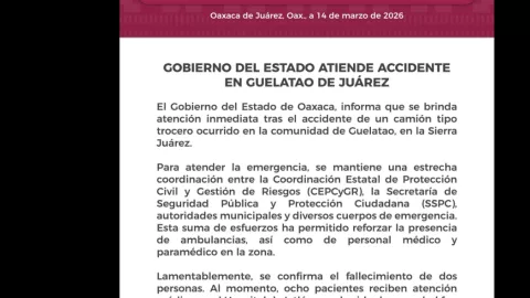 Comunicado del Gobierno de Oaxaca sobre el accidente de la tarde del sábado