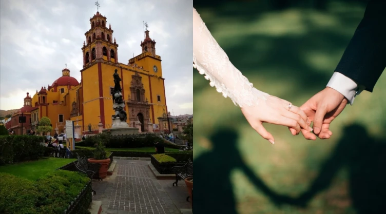 Foot de la Basílica Colegiata de Guanajuato y de pareja en su boda.