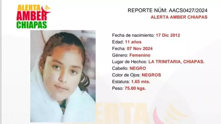 ALERTA AMBER Chiapas: Maria de Jesús tiene 11 años y fue vista por última vez en La Trinitaria