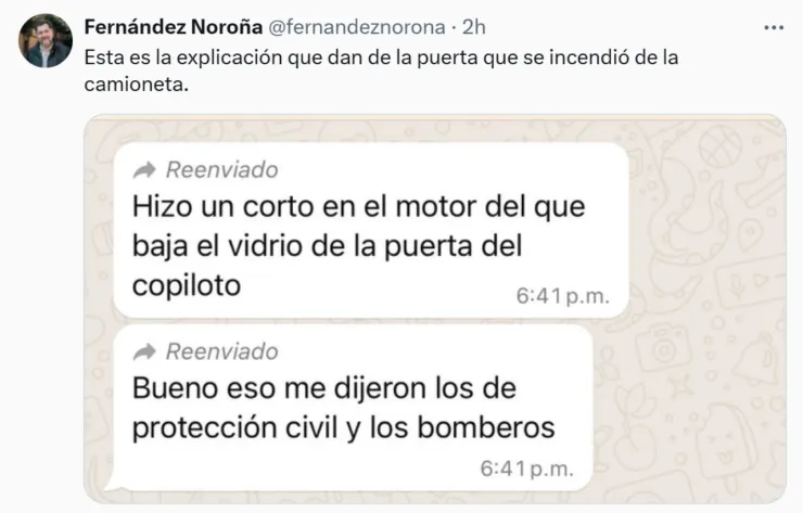 Un supuesto corto incendió la camioneta donde iba Fernández Noroña.