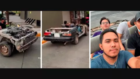 Estudiantes se viralizan por pasear en auto chatarra en Ciudad Victoria