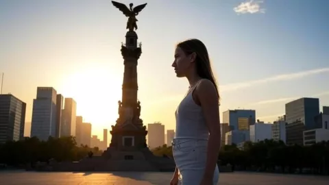 (Imagen generada con inteligencia artificial) Una mujer acalorada a lado del Ángel de la Independencia ante las altas temperaturas en CDMX.