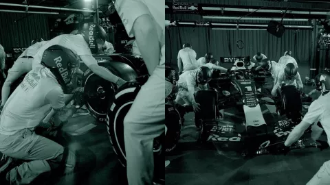 Red Bull cambia neumáticos en la oscuridad