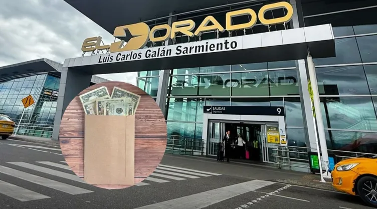 Foto del Aeropuerto El Dorado en Bogotá, Colombia y de sobre con billetes.