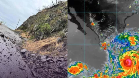 Se observa el mapa de México en colores negros con el ojo del huracán de diferentes colores, a un costado de esa imagen se ve una carretera destrozada por el paso del huracán.