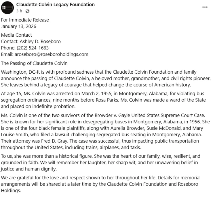 Comunicado Claudette Colvin
