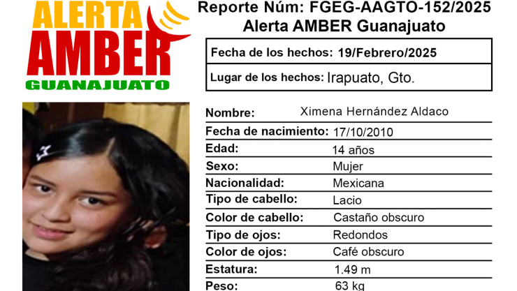 Alerta Amber Guanajuato de Ximena Hernández Aldaco, en Irapuato, Guanajuato.png