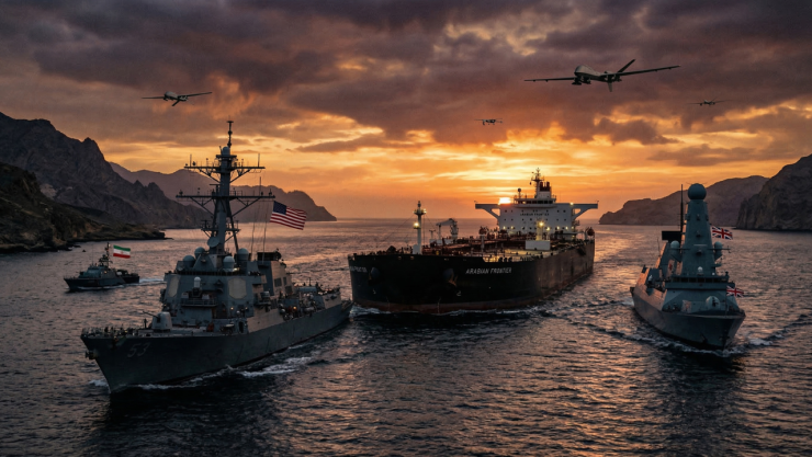 Superpetrolero cruzando el estrecho de Ormuz al atardecer escoltado por buques militares, drones sobrevolando la zona, banderas de Irán y Estados Unidos sutilmente presentes, estilo fotorealista cinematográfico.