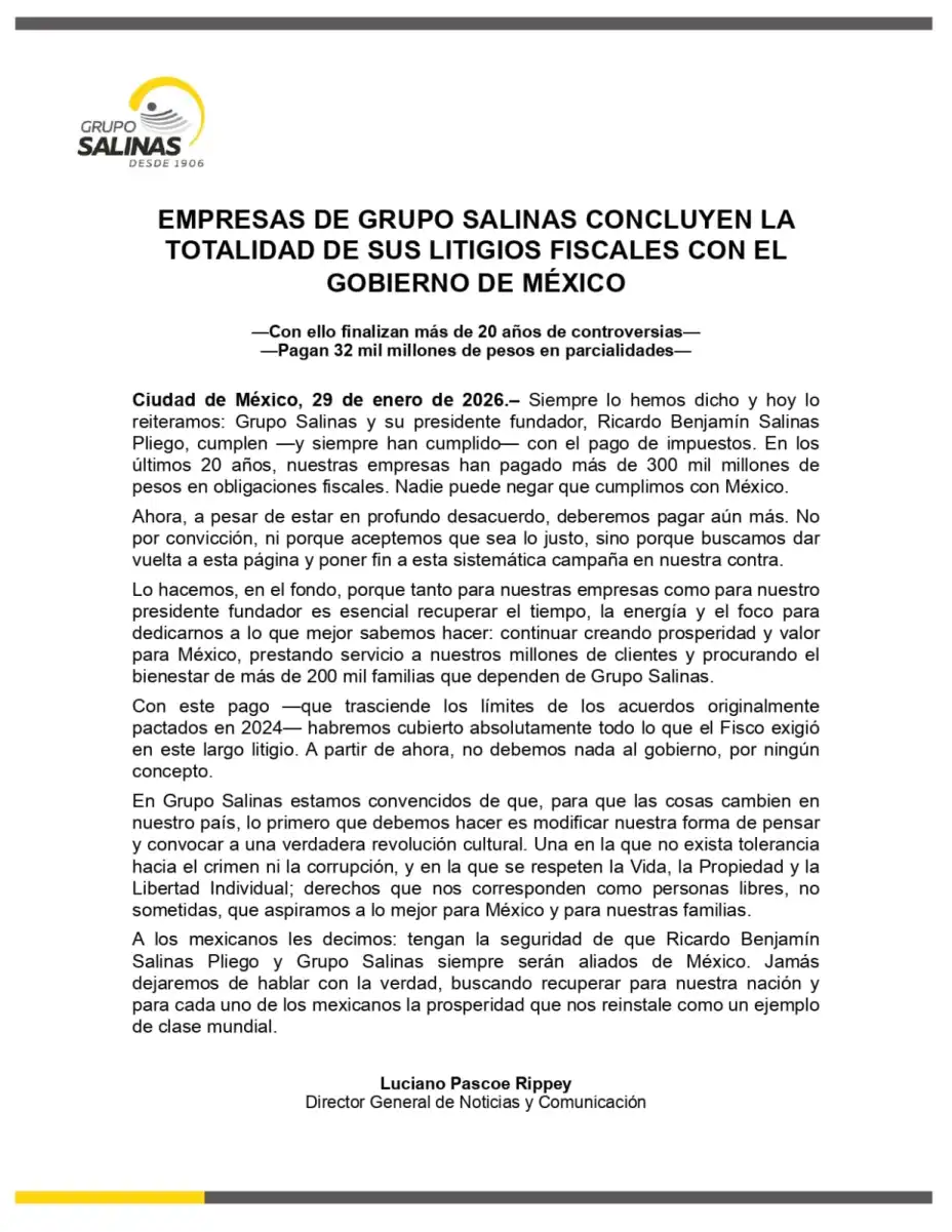 Empresas de Grupo Salinas concluyen la totalidad de sus litigios fiscales con el Gobierno de México
