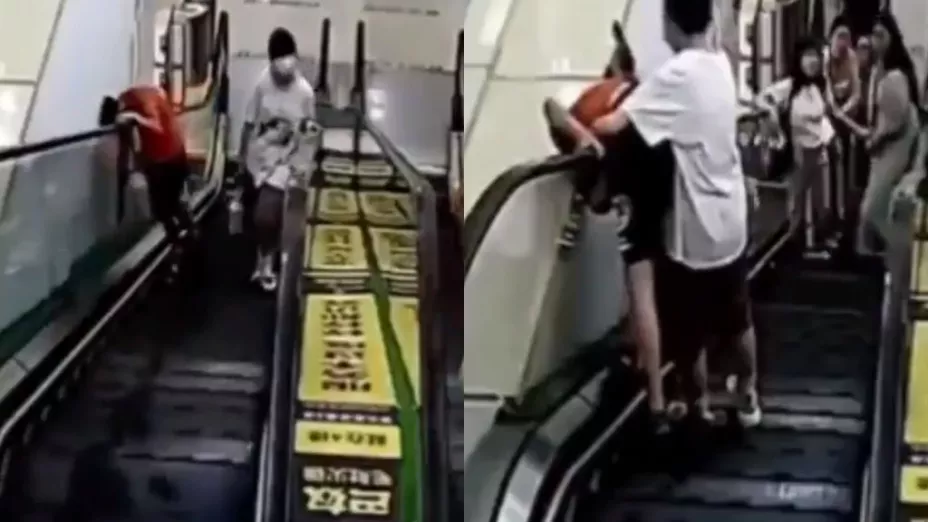 Hombre se atora en escalera eléctrica