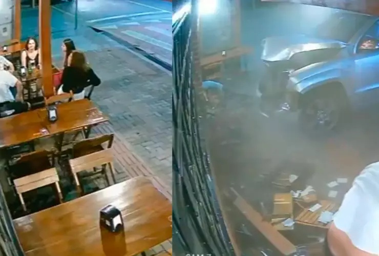 VIDEO: Camioneta arrolla a una familia en un restaurante mientras cenaban