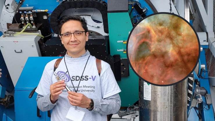 José Eduardo Méndez Delgado, astrofísico de la UNAM, tras ganar el Premio Princesa de Girona Internacional 2026, junto a una imagen de nebulosa ionizada