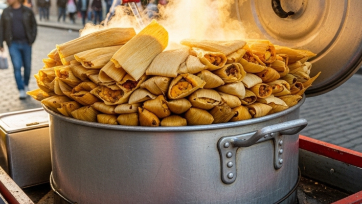 Olla grande con tamales humeantes en un puesto de venta ambulante en la vía pública.