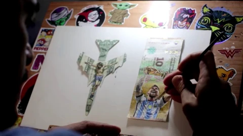 Sergio Guillermo Díaz mientras pintaba a Messi sobre un billete de 10 pesos argentinos