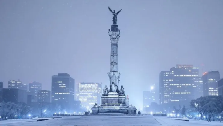 Imagen generada con inteligencia artificial: El Ángel de la Independencia en la CDMX cubierto de nieve por las heladas.