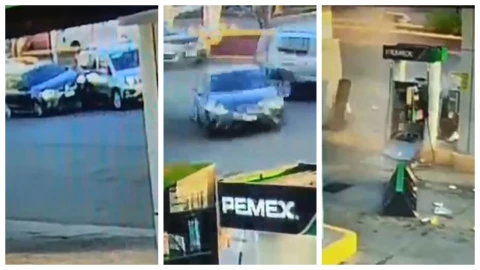 Choque múltiple acaba en aparatosa volcadura; auto sale disparado contra bombas de gasolinería en Oaxaca