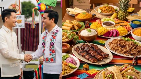 Comparativa visual de la comida de México y Filipinas. A la izquierda, un cerdo lechón entero con piel crujiente; a la derecha, un plato con carnitas de cerdo. La imagen ilustra la conexión gastronómica creada por el Galeón de Manila.
