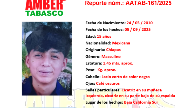 ALERTA AMBER TABASCO: José Manuel Gutiérrez López desapareció en Baja California Sur
