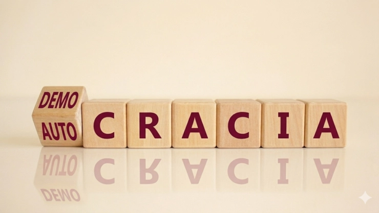 Fichas con letras que hacen el juego de palabras entre democracia y autocracia