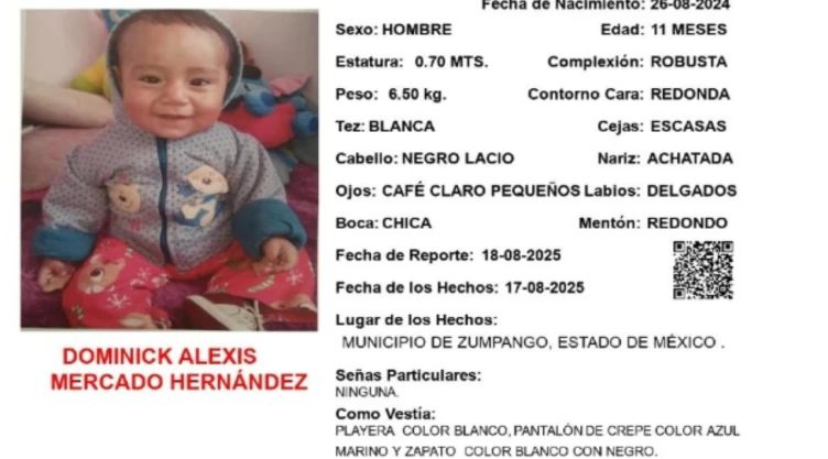 Activan Alerta Amber urgente en el Edomex tras desaparición de dos menores; temen por sus vidas. En la imagen se observa la ficha de búsqueda de Dominick Mercado Hernández, menor de 11 meses que desapareció en Zumpango.