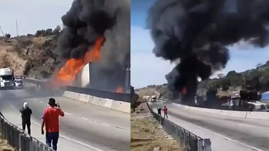 Impactan dos tráileres y explotan en autopista Arco Norte, hay dos heridos