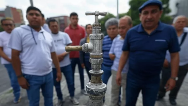 (Imagen generada con inteligencia artificial) En primer plano una llave a la que no le sale agua y ciudadanos enojados por la falta del suminstro en CDMX.
