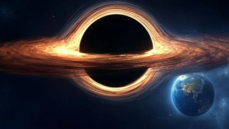 Imagen generada con IA de la Tierra rodeada por un agujero negro, luces y distorsión.