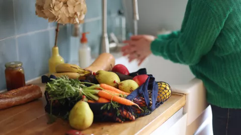 Various vegetables and fruits in a eco shopping bag