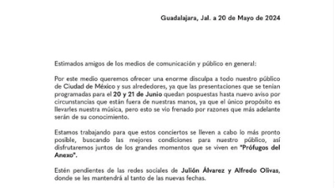 Comunicado sobre el concierto de Prófugos del Anexo en CDMX.