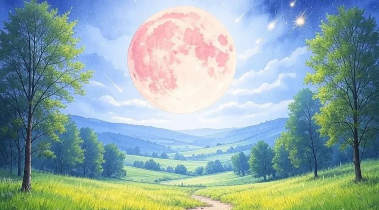 (Imagen generada con inteligencia artificial) La Luna Rosa acompañada de estrellas fugaces en acuarela.