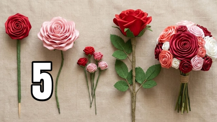 5 ideas de rosas eternas con tallo hechas de listón para hacer un ramo