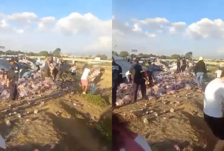 VIDEO: Tráiler que transportaba cerveza vuelca y desata rapiña en el Circuito Exterior Mexiquense