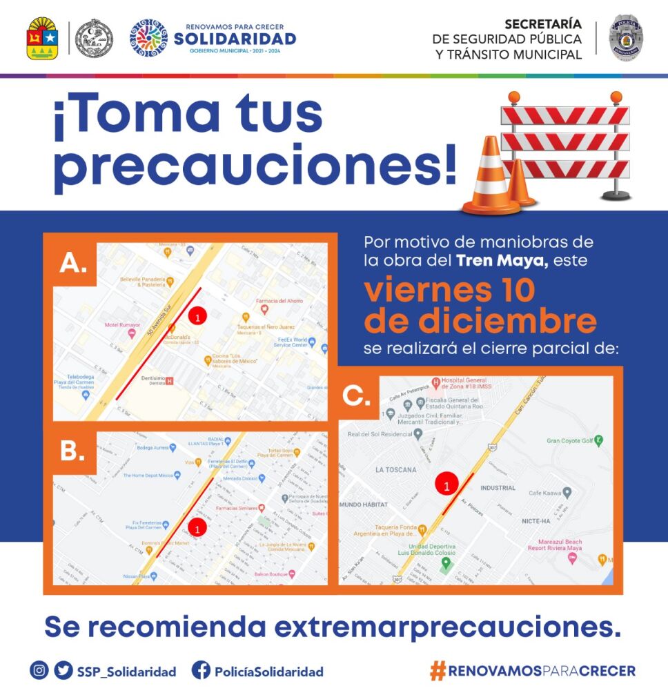 Cierre parcial de calles en Playa del Carmen hoy 10 de diciembre