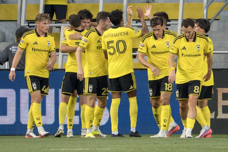 Columbus Crew festeja su gol ante el Atlas en la Leagues Cup 2026.