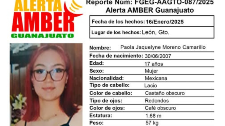 Alerta Amber Guanajuato de la adolescente Paola Jaquelyne Moreno Camarillo de 17 años, en León, Guanajuato.png