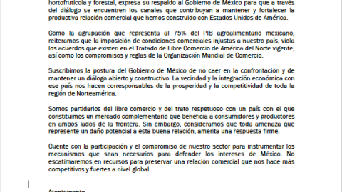 Consejo Nacional Agropecuario envía carta de apoyo a López Obrador por aranceles